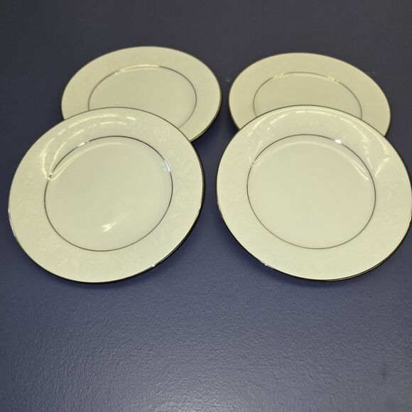 Noritake Ranier 4 Bread & Butter Plates Platinum Trim #6909 Floral White - Picture 1 of 4